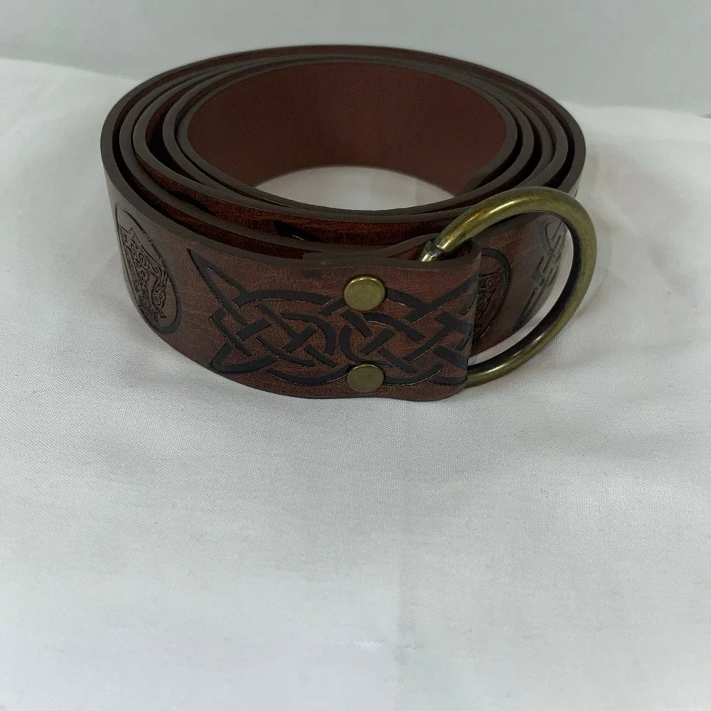 Medieval Viking Celtic Knot Embossed Leather Belt Renaissance LARP Cosplay Brown